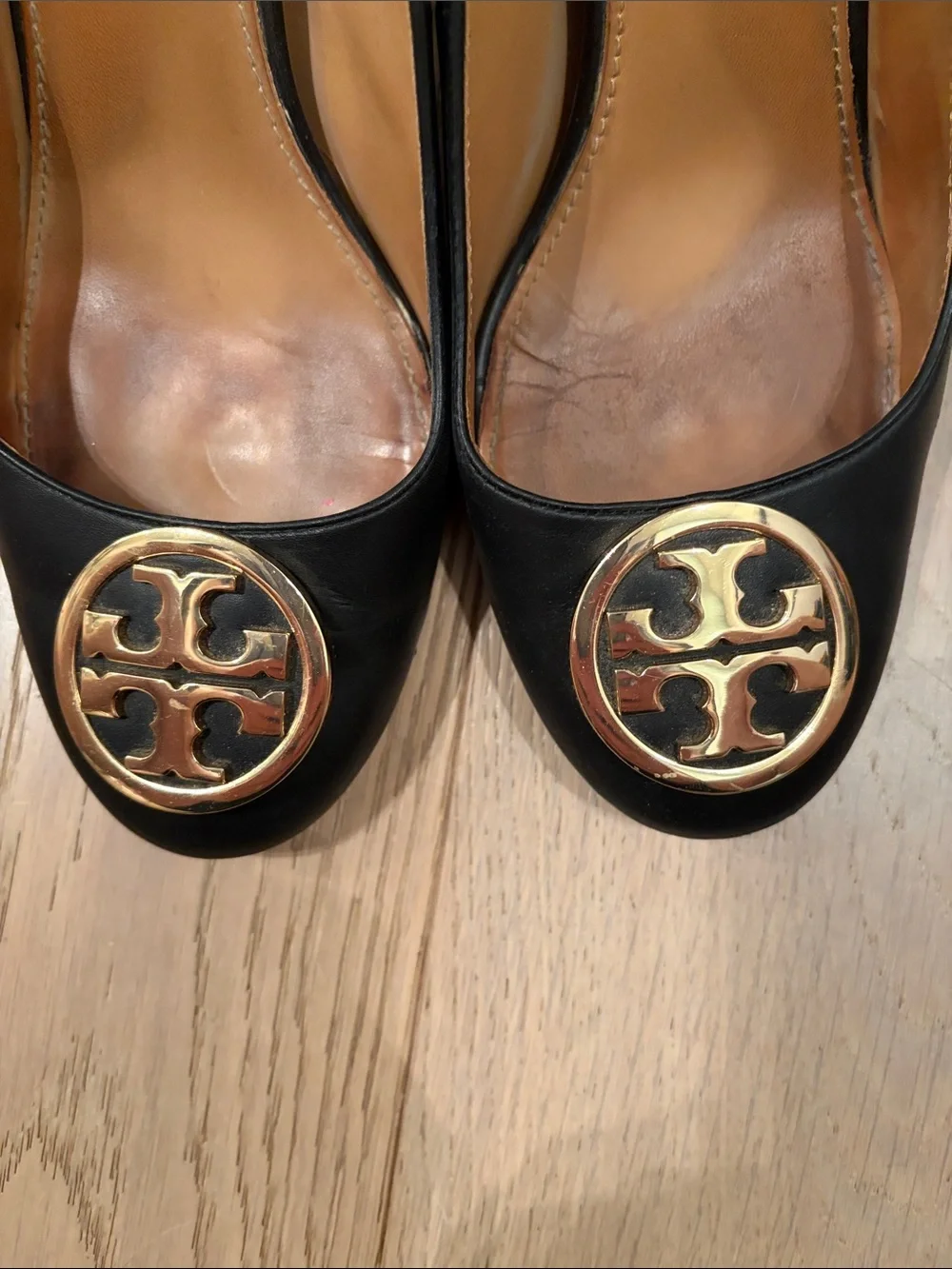 Tory Burch Black Leather Heels with Gold Logo Medallion